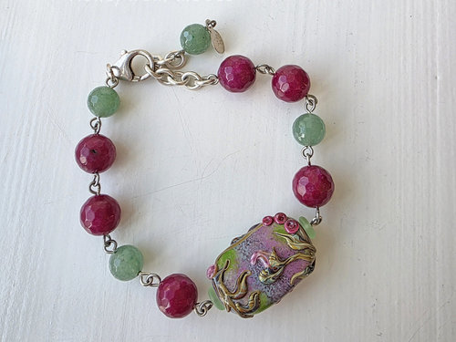 Lampwork bracelet in rose and green