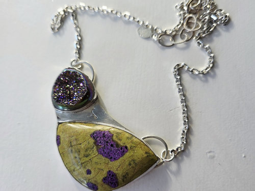 Sterling silver and gemstone necklace in purple and green