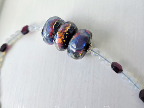 Red and blue art glass beads necklaced