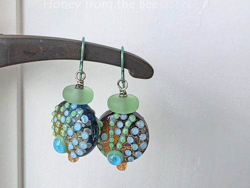 Colorful Lampwork earrings in orange, aqua and green