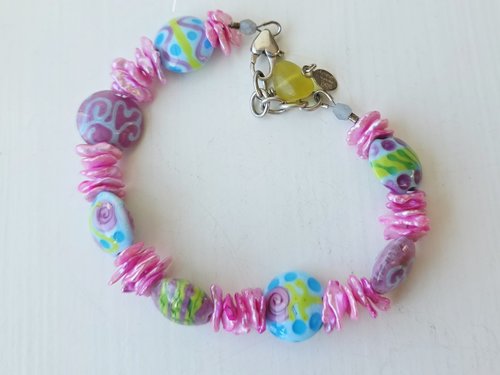 Lampwork and pearl bracelet in pink, blue and green