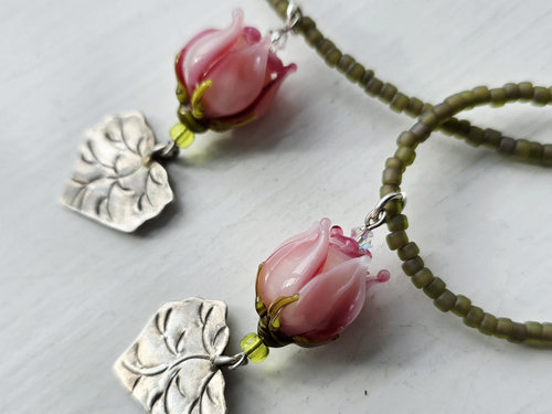 Pink rosebud necklace with Thai silver leaf dangle