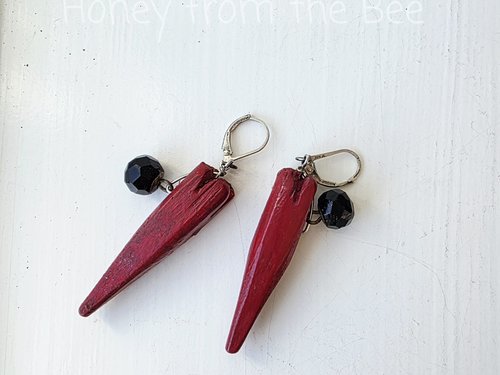 Antique button earrings feature red wood heart and faceted button dangles