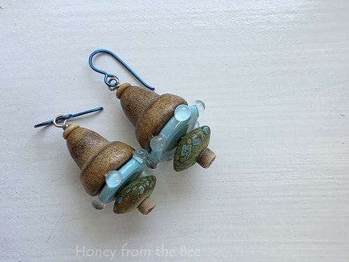 Aqua lampwork earrings with wood and cork beads