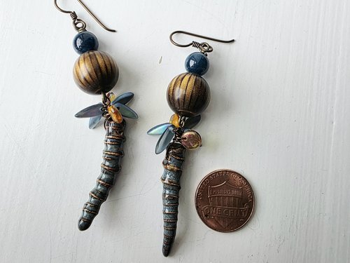 Wood earrings with ceramic dangles in blues and browns