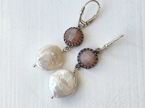 Peach moonstone earrings with coin pearls