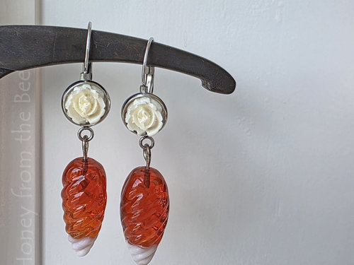 Vintage glass drop from white rose earrings