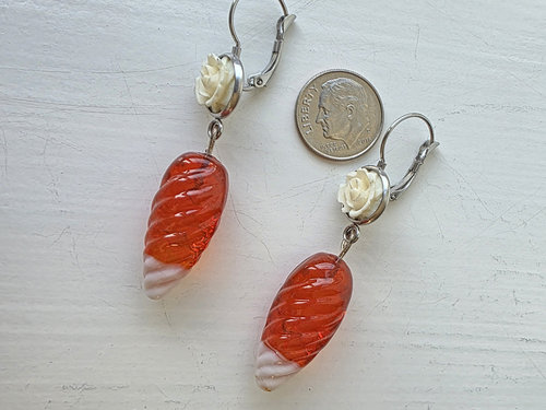 Orange and white earrings feature white rose and vintage drops