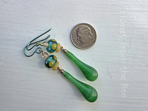 Vintage green glass drop earrings with lampwork