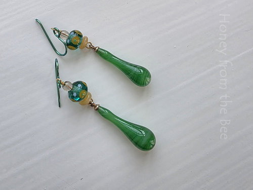 Lampwork earrings in green and yellow
