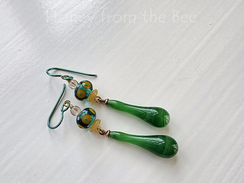 Green drop earrings with green and yellow lampwork