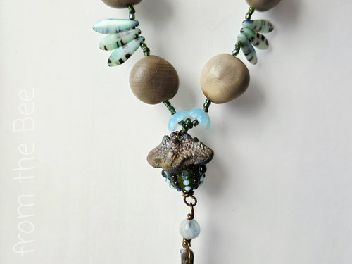 Green and Blue Lampwork Earrings with Ceramic mushroom cap