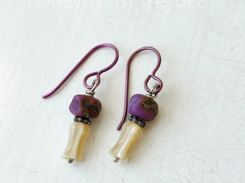 Mother of pearl earrings with deep pink lampwork