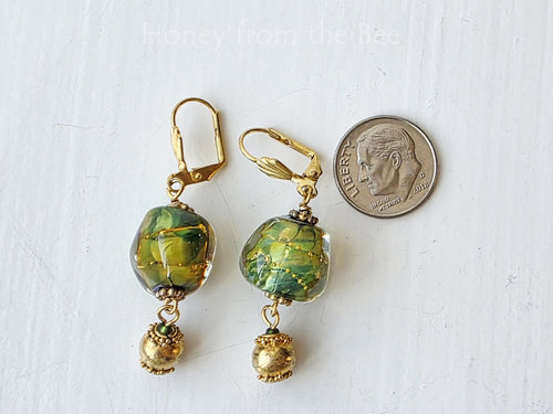 Green and gold lampwork earrings with vermeil dangle