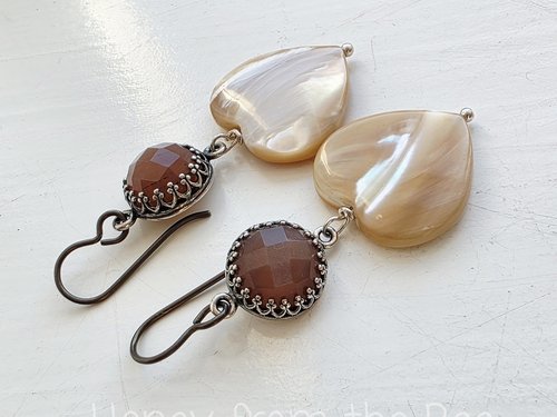 Mauve and cream earrings feature peach moonstone and mother of pearl