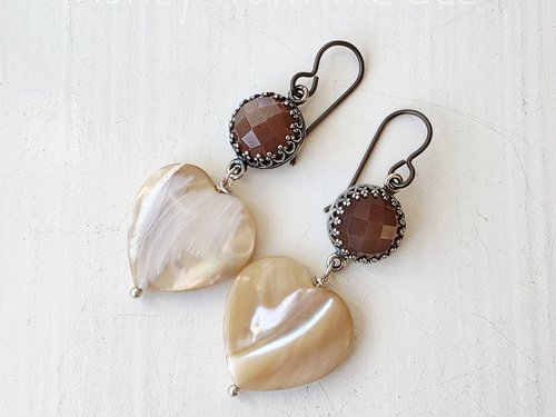 Heart earrings feature moonstone and mother of pearl