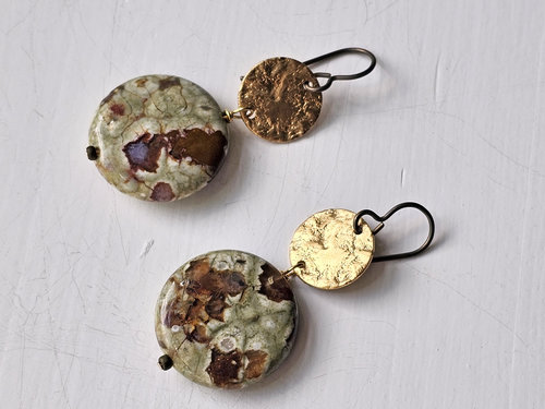 Rainforest jasper earrings with brass accent
