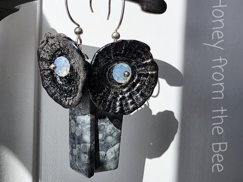 Statement earrings in grey and black featuring lampwork and jasper