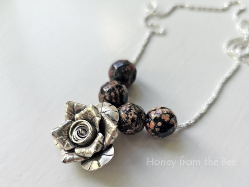 Silver Rose and faceted Mexican Red Snowflake Jasper necklace