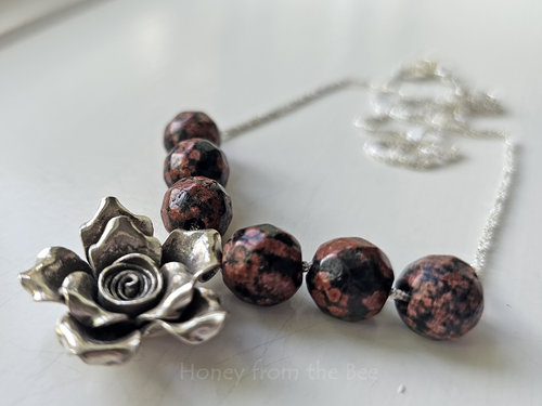 Red Snowflake Jasper necklace with sterling silver rose