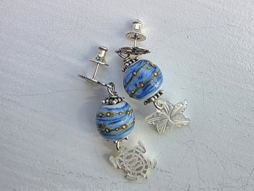 Blue lampwork earrings with mother of pearl charms