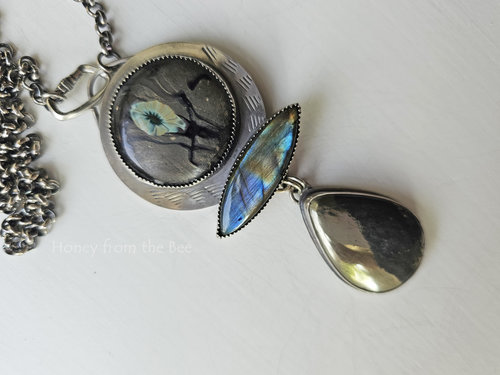 Art glass, labradorite, and apache gold set in sterling silver