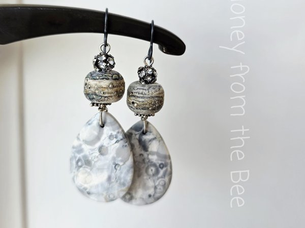 Lampwork earrings in grey and white with jasper