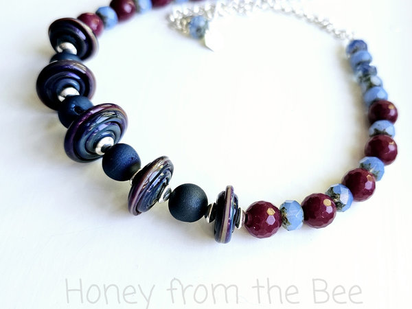 Navy blue and rose necklace with lampwork and gemstones