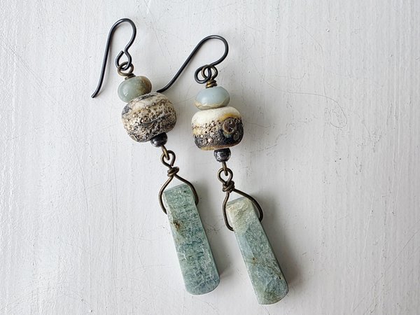 Aqua and Cream earrings feature lampwork, aquamarine dangles, and jasper