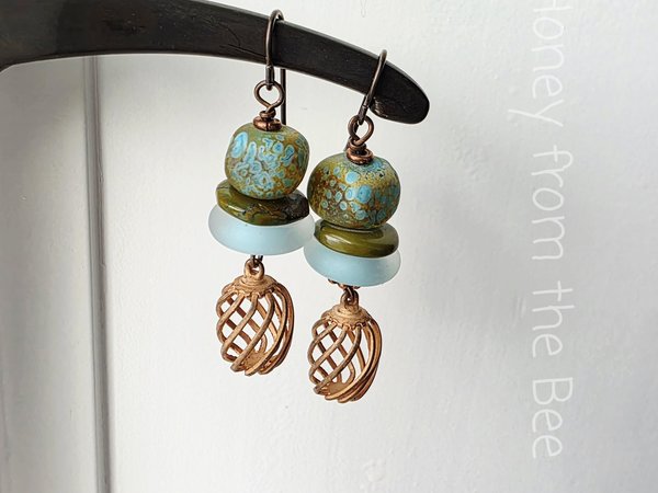 Aqua and copper earrings feature lampwork and turquoise