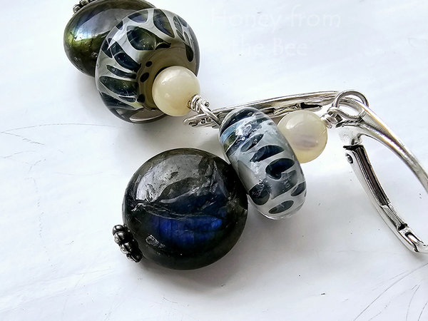 Labradorite earrings with blue and cream lampwork