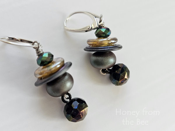Dark color lampwork earrings with antique button dangle
