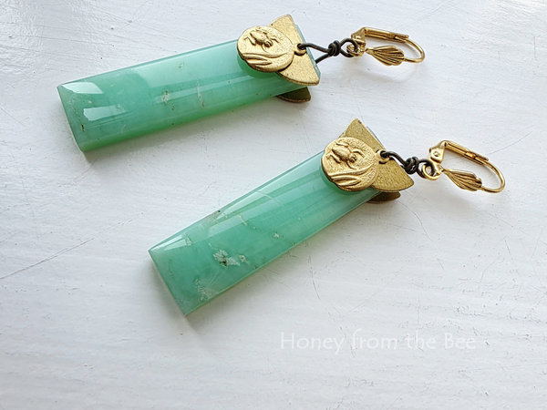 Celadon and gold earrings feature Chrysophase and brass