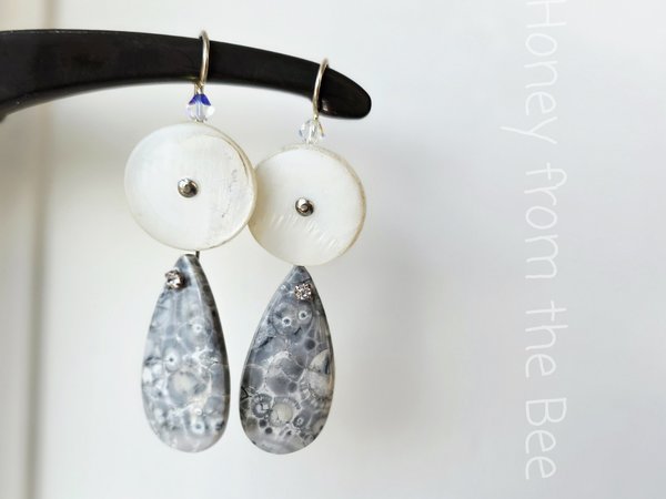 Antique MOP button earrings with jasper in grey and white
