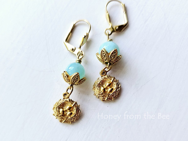 Peruvian Opal earrings with gold nest charms