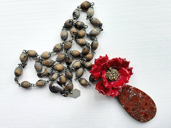 Red poppy necklace with vintage wood rosary chain