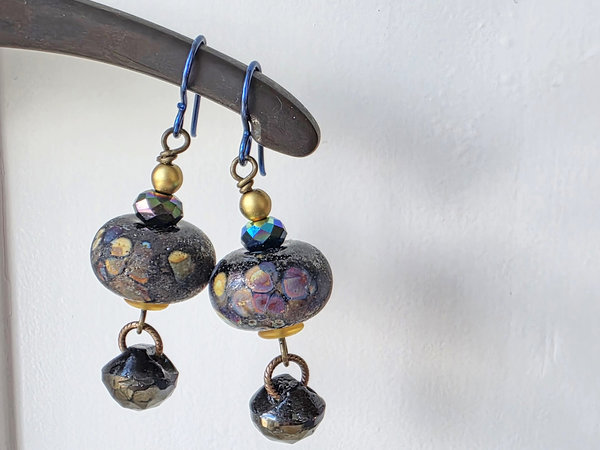 Lampwork earrings in peacock, yellow and blue