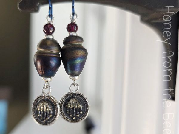 Blue and red earrings with silver and brass