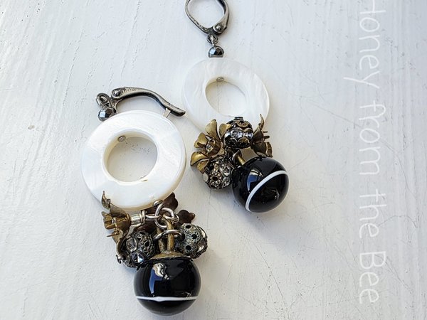 Antique button earrings in black, white and aged brass