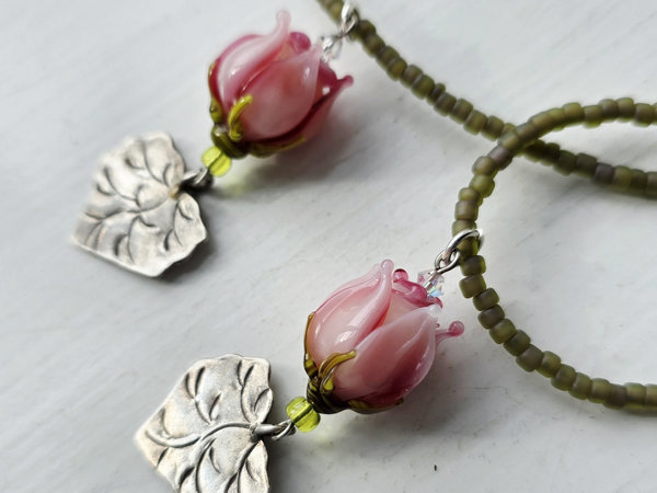Pink rosebud necklace with Thai silver leaf dangle