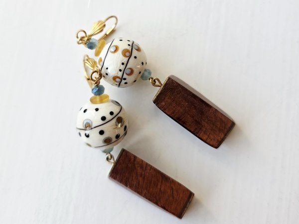 Lampwork earrings in white, brown and blue