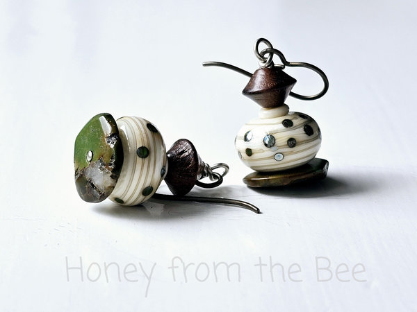 Lampwork and turquoise earrings in cream, brown, and turquoise